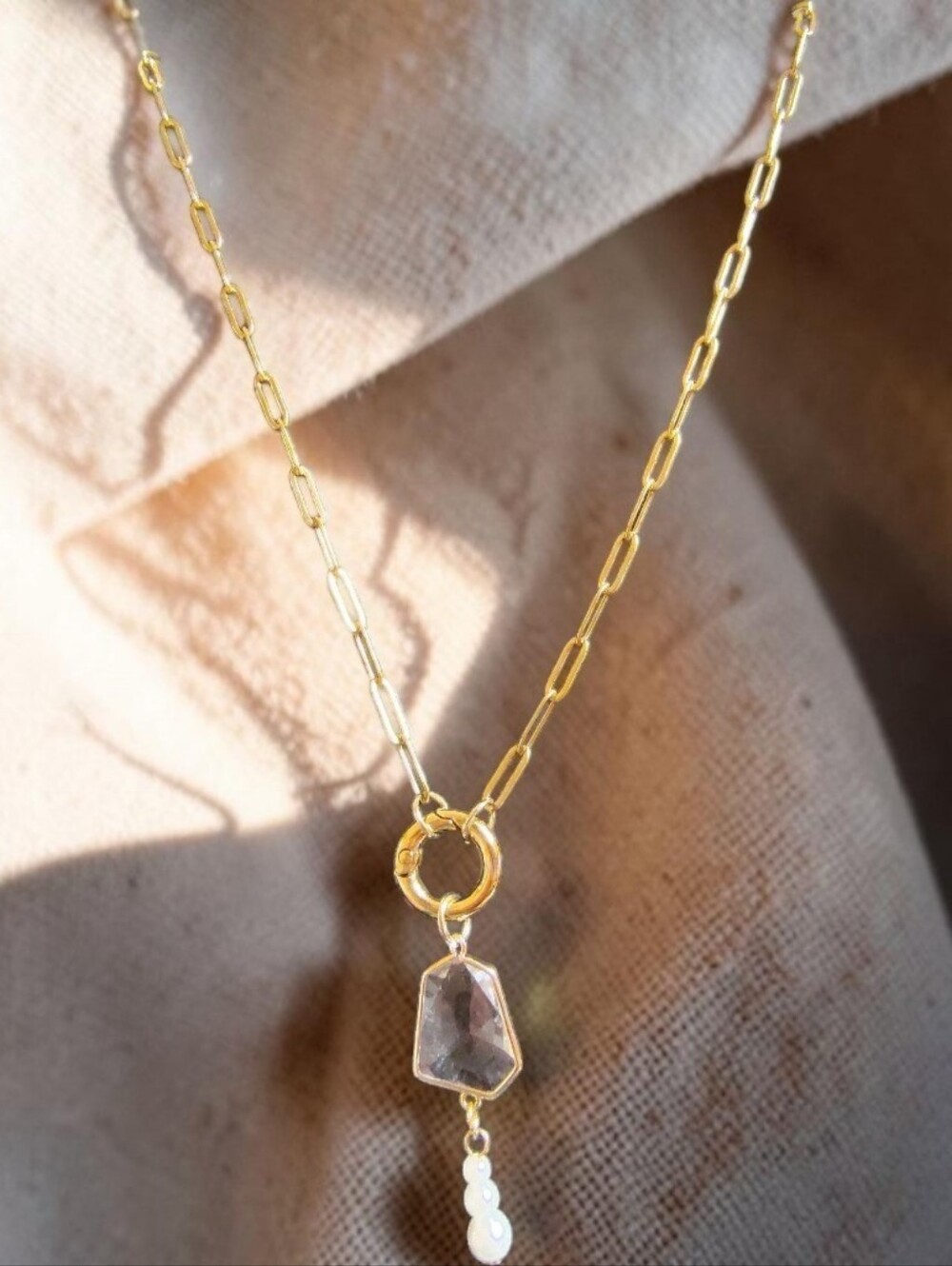 Gold-toned Chain Necklace with Clear Crystal and Pearl Drop